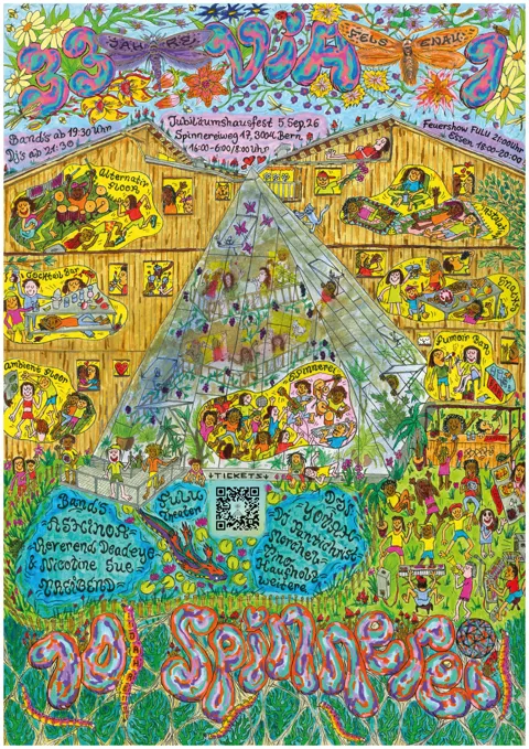 Das gezeichnete Fest-Plakat: das Haus mit allen Floors, Bands und Zeiten als Wimmelbild